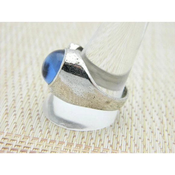 Blue cabochon glass ring - Gem Art Deco Sterling Ring Clark Coombs Blue Glass Cabochon CZ VTG Men\'s Ring 11
